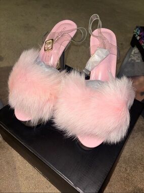 Fashion Nova Pink Faux Fur Clear Strap Heels
